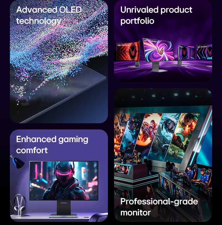 4 block images, from left to right; advanced OLED technology, unrivaled product portfolio, enhanced gaming comfort, professional-grade monitor