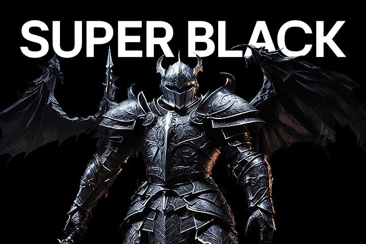 A knight standing in front of a black background, with SUPER BLACK written at the top