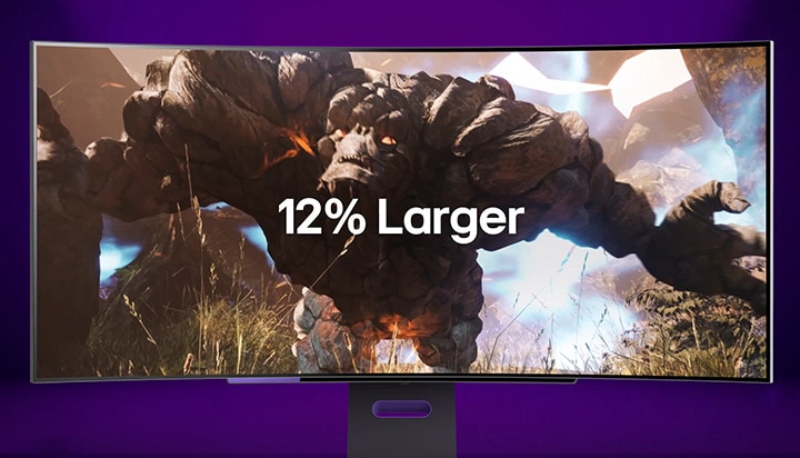 LG UltraGear OLED monitor playing a game with a large monster on the screen with 12% larger text in the centre