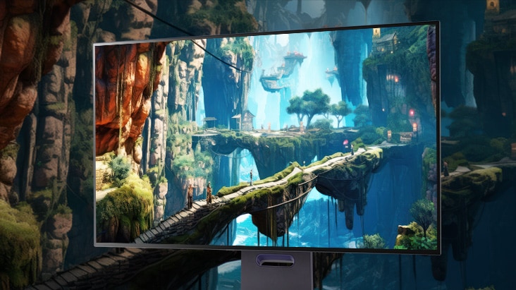 UltraGear OLED monior displaying an ancient forrest, with the forrest surrounding the monitor