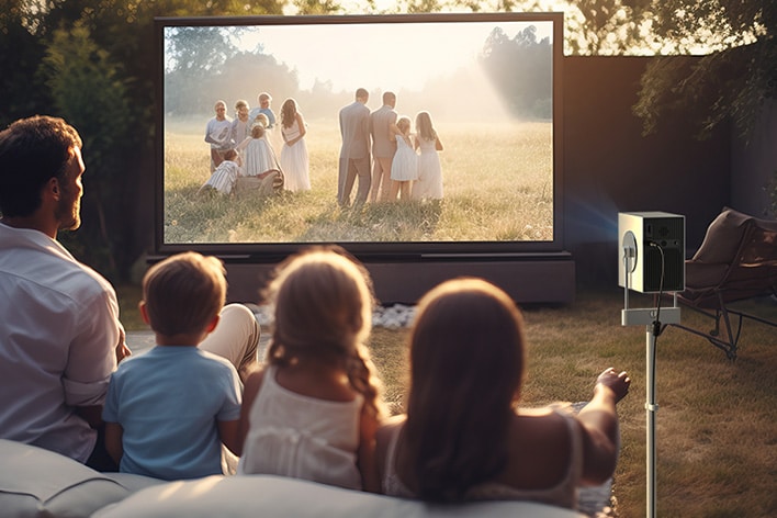 Un padre con sus tres hijos disfrutando un video al aire libre usando CineBeam Q con un soporte.	