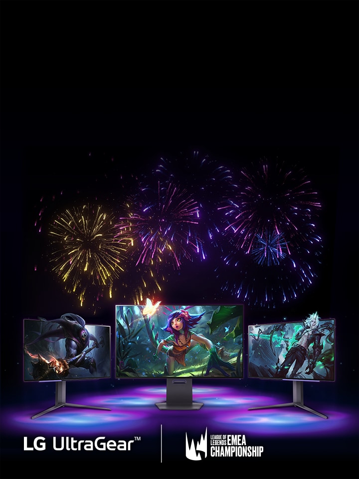 Promotional image for LG UltraGear monitors showcasing characters from the League of Legends EMEA Championship, with vibrant fireworks in the background.	