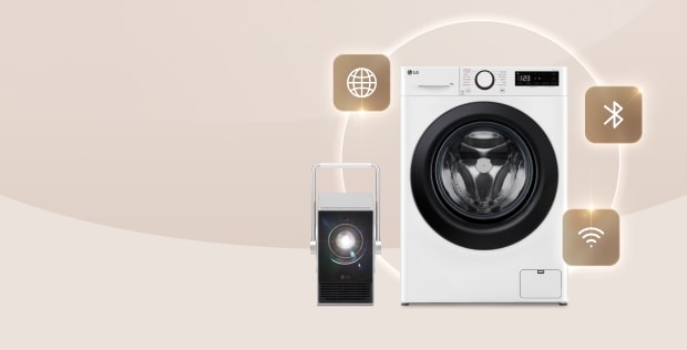 lg washing machine and a cinebeam projector with techology icons on a cream background