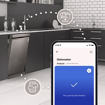 Kapağı kısmen açılmış solo bulaşık makinesi ve döngü tamamlandı bildirimini gösteren LG ThinQ™ uygulaması.