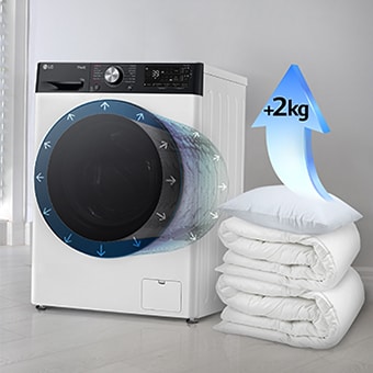A white piece of cloth is shown in the drum of the washing machine front load washer being washed.