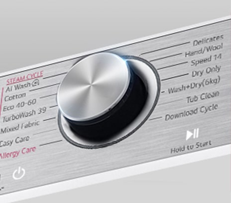 This is an enlarged image of the metal knob on the panel of a washing machine.