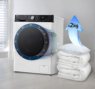 Blankets and pillows are next to the washing machine, and there is an arrow that increases 2kg on the pillow.