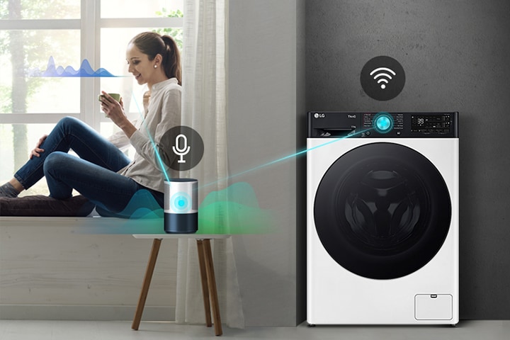 A person sits by a window with a smart speaker, controlling an LG washing machine with WiFi connectivity.