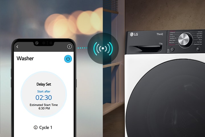 LG ThinQ washer with smart control via app shows delay set for 2:30 hours, blending innovation with convenience.