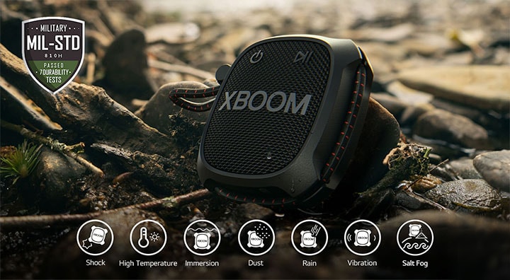 LG XBOOM Go XG2 standing on the rock to show Military Standards.