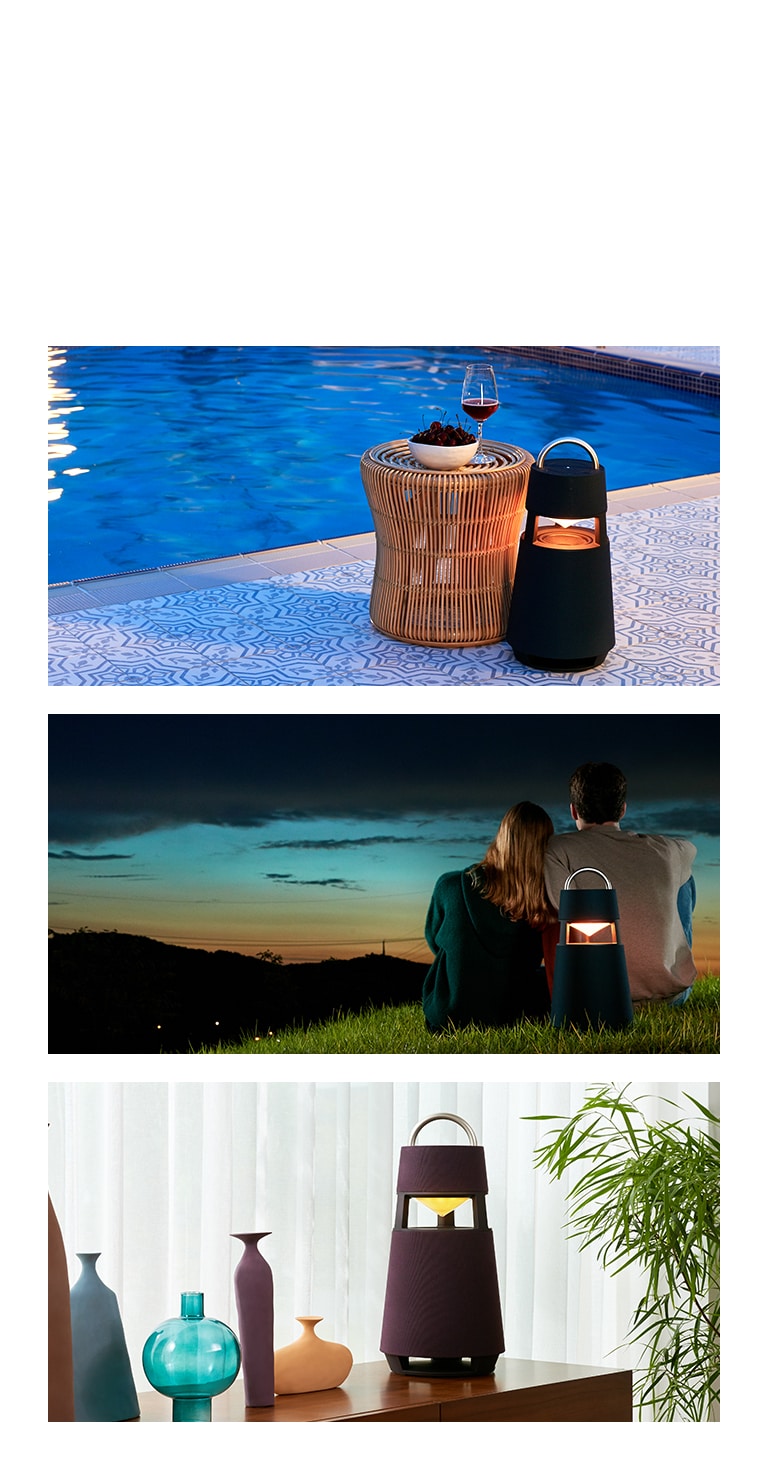 Image of XBOOM 360 standing yellow in an outdoor swimming pool. An image of XBOOM 360 standing behind a woman and a man looking at the sunset night sky. Image of XBOOM 360 standing yellow in the back left side of a woman enjoying a party.