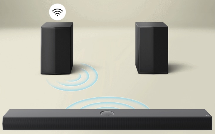 Rear speakers and Wireless Connectivity Box facing an LG Soundbar with blue curves illustrating connectivity bouncing between the box and soundbar. A black and white connectivity symbol is above the Wireless Connectivity Box. The box then fades away, and the blue curves illustrating connectivity bounce between the left rear speaker and soundbar. The black and white connectivity symbol is now above the rear speaker.