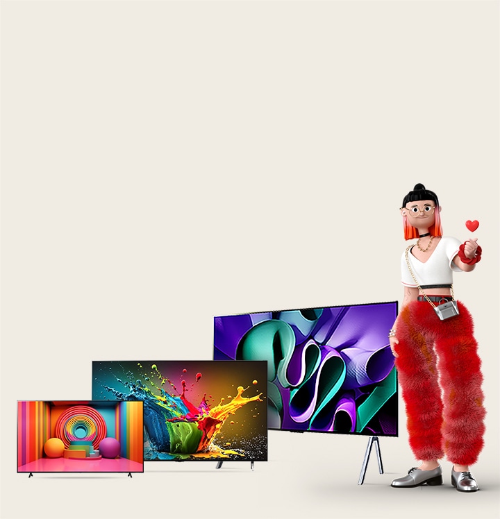 An animated female figure making a heart with her hands is next to three OLED/QNED TVs: the first is an LG OLED TV, the second is an LG QNED TV on a stand, and the third is an LG OLED TV M4 with a 2-pole stand. To the left are the words "How do I choose the best TV?" and a red button with the words "Learn More".