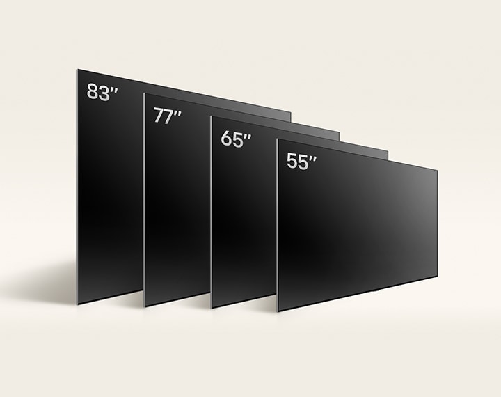 LG OLED TV, OLED C4’ün değişen boyutlarının karşılaştırması. OLED 55", OLED C4 65", OLED C4 77", OLED C4 83" gösteriliyor.
