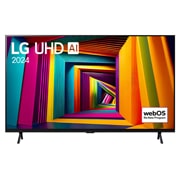 Front view of LG UHD TV, 98UT90 with text of LG UHD AI, 2024, and webOS Re:New Program logo on screen