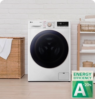 Lavatrice installata in un locale lavanderia con l'etichetta A-20%.