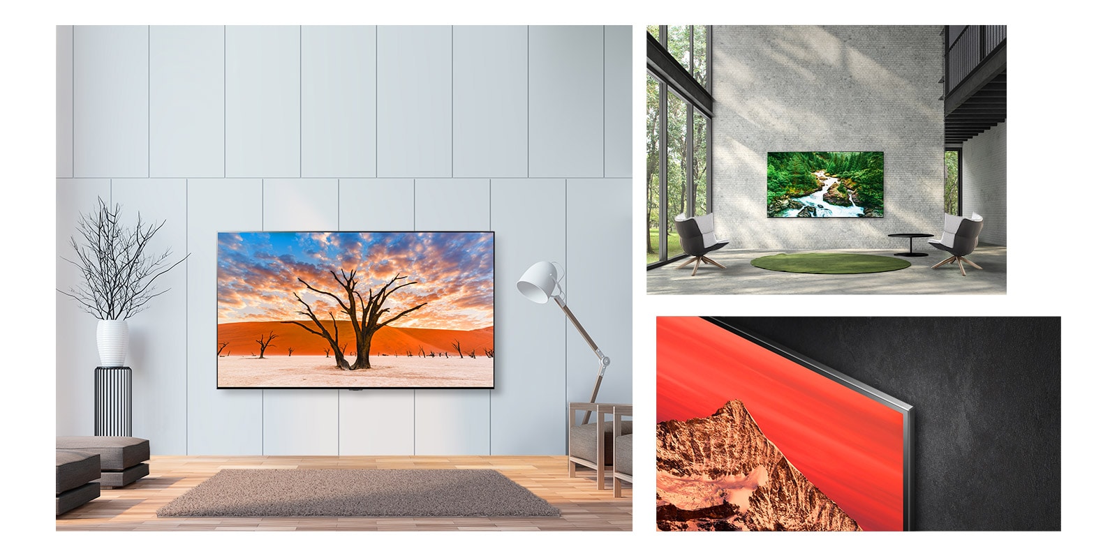 Tre scene di una sottile e grande TV LED LG QNED Mini appese artisticamente alla parete.