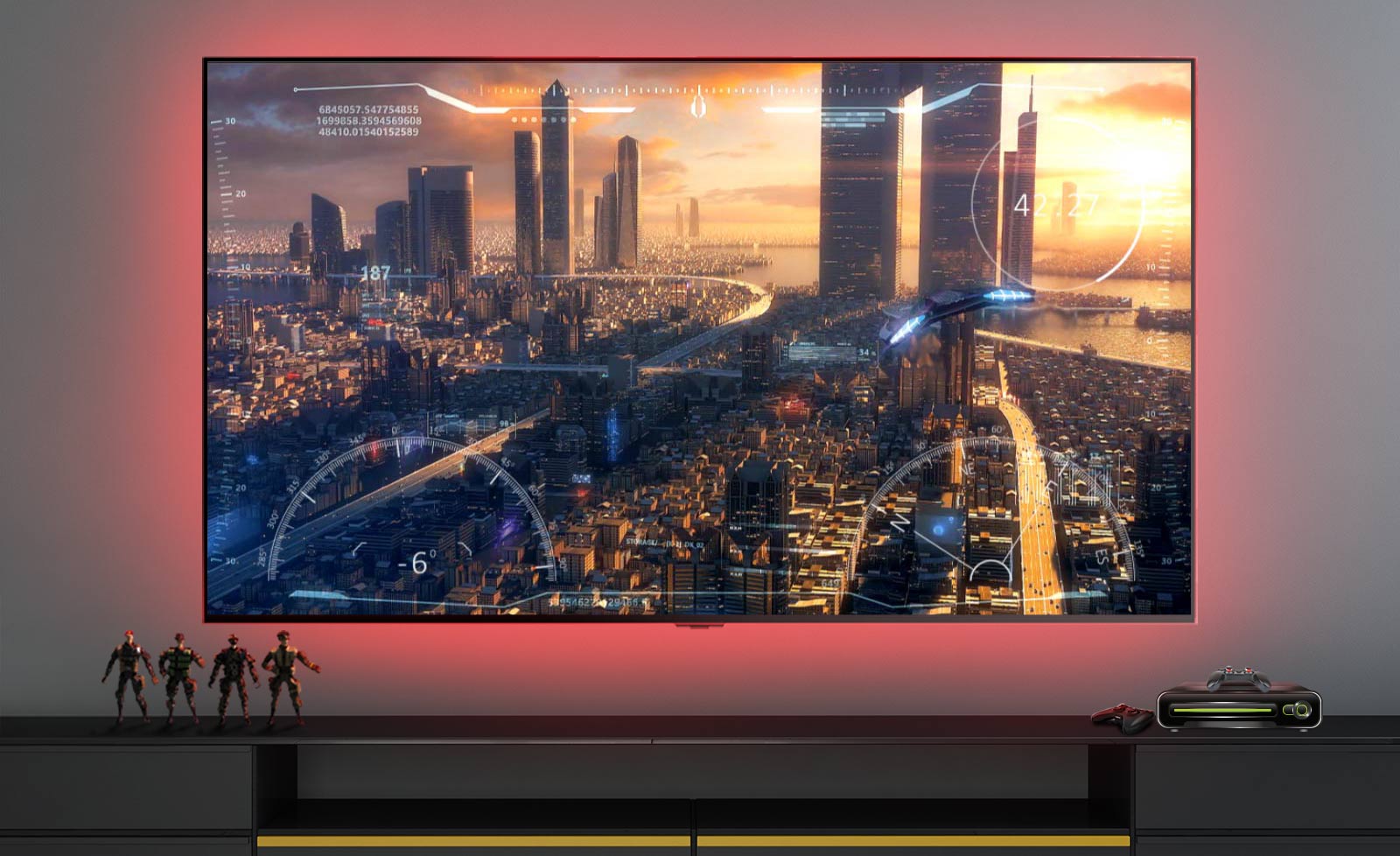 Una scena di un videogioco che raffigura un'astronave che sorvola una città visualizzata su uno schermo televisivo (riproduci video).
