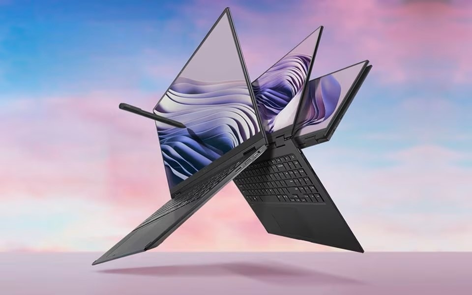 „Welcher Laptop passt zu mir?“ Wie wäre es mit dem 2-in-1-Notebook LG Gram Pro, das hier in verschiedenen Positionen gezeigt wird, wobei seine Flexibilität und Touchscreen-Funktionen hervorgehoben werden.