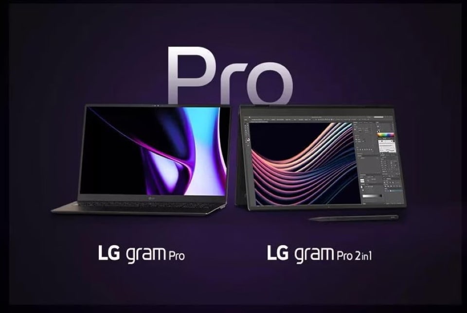 LG gram Pro und LG gram Pro 2-in-1 Notebooks 2024 vor dunkellilanem Hintergrund.