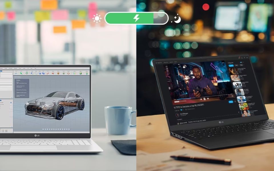 Ein Vergleich von zwei LG Laptops: links ein Modell für produktives Arbeiten bei Tageslicht, rechts ein Modell für Unterhaltung bei Nacht. Beide sind für lange Akkulaufzeit optimiert.