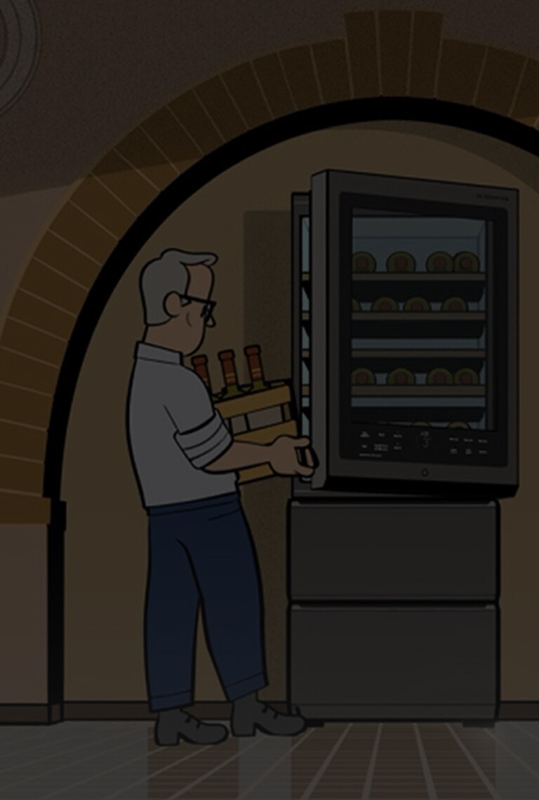 Immagine illustrata della funzione 'apertura automatica della porta' della cantinetta LG SIGNATURE, con James Suckling e sua moglie.