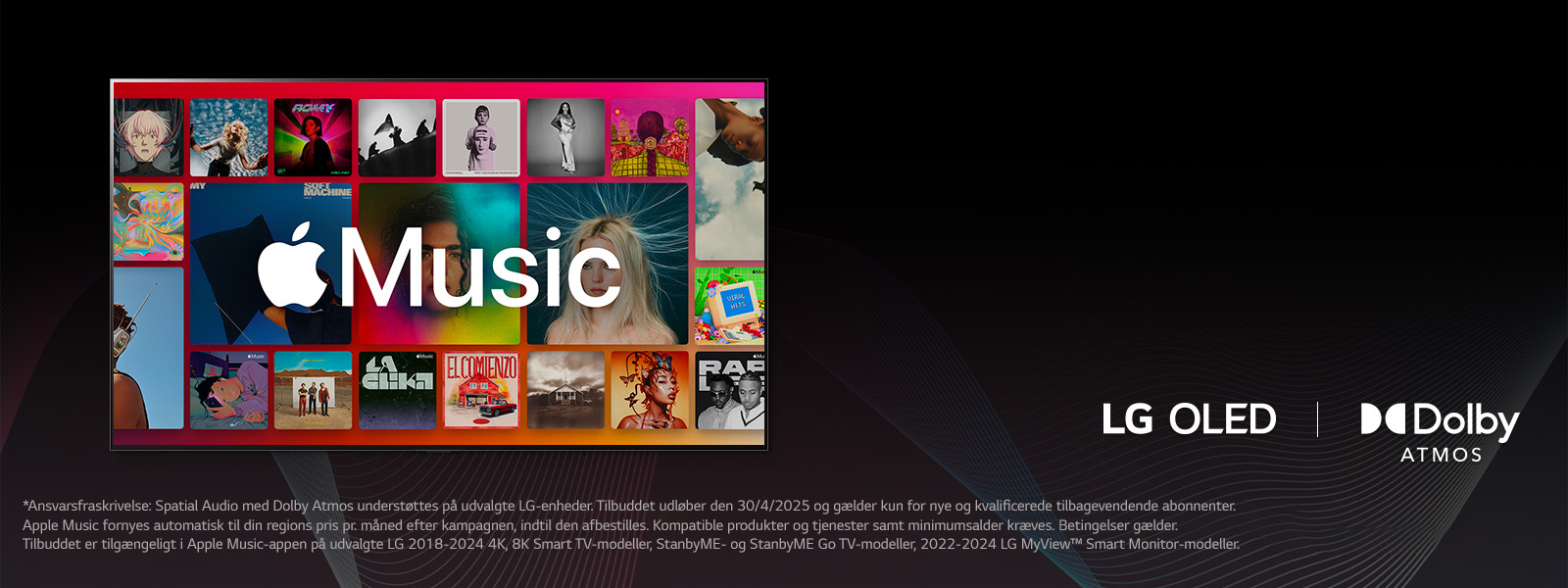 En gittervisning af albums med Apple Music-logoet overlejret, med LG OLED og Dolby Atmos-logo nedenfor.