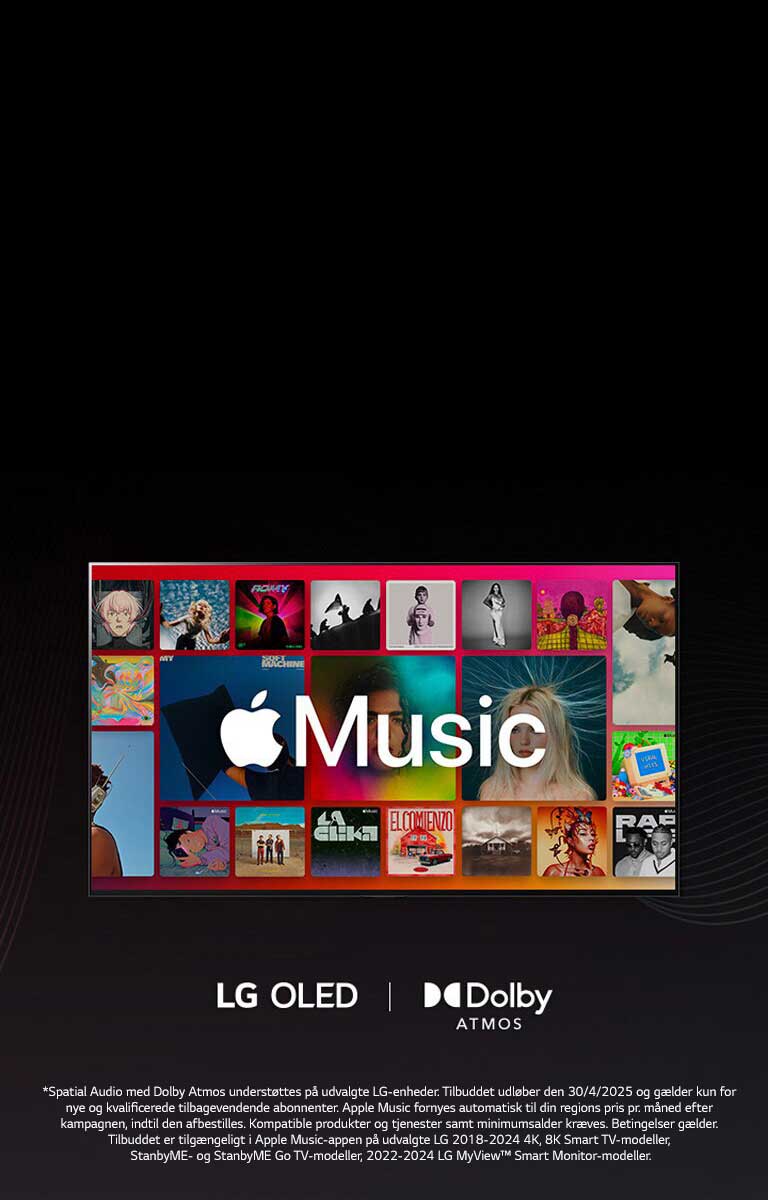 En gittervisning af albums med Apple Music-logoet overlejret, med LG OLED og Dolby Atmos-logo nedenfor.