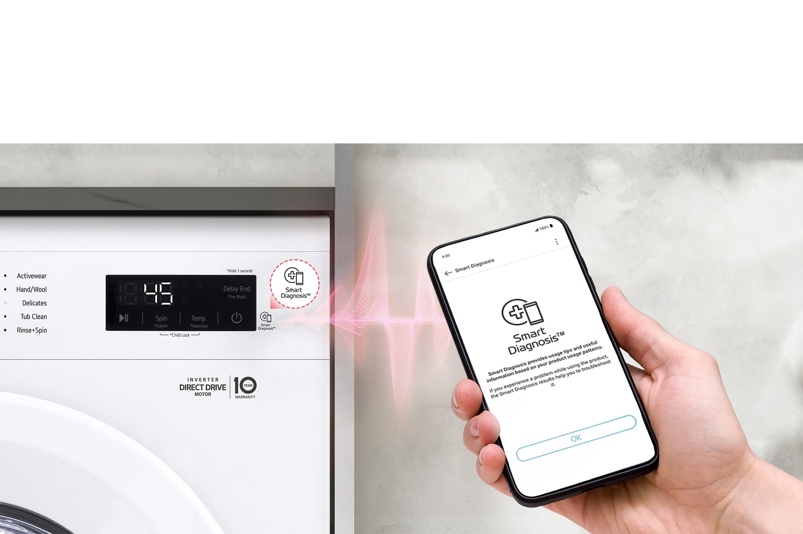 Smart Diagnostics™ lader dig tjekke din telefon for problemer med vaskemaskinen