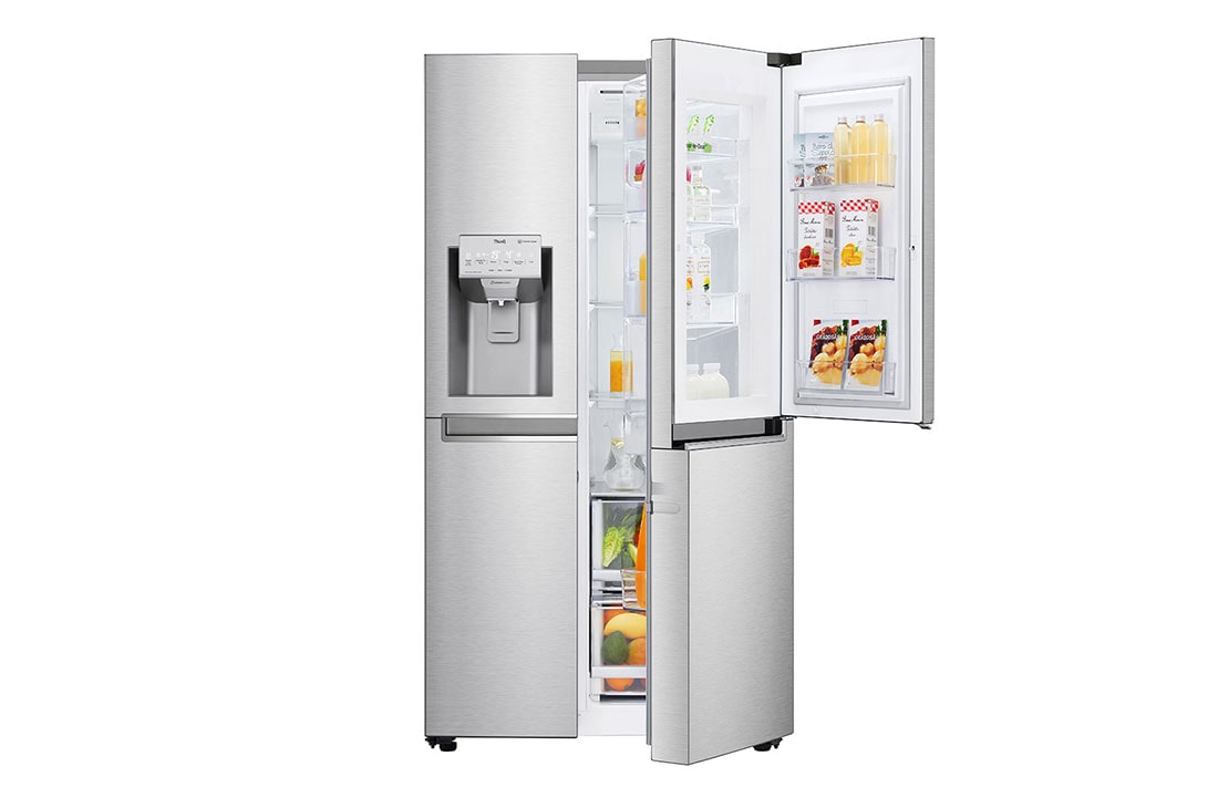 LG 625L Door in Door™ Side by Side (Noble Steel) - Energiklasse E, Vand-/isdispenser med vandtilkobling og Smart Diagnosis™ med Wi-Fi, Front Half Open Food, GSJ960NSZE