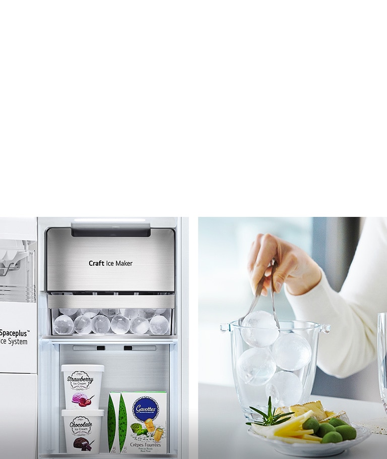 Two images are side by side. The left image shows the interior of the freezer stocked with ice cream and the Craft Ice Maker in the top with perfectly round ice cubes in the drawer. The right image shows a hand using tongs to grab round ice cubes to put in a class.