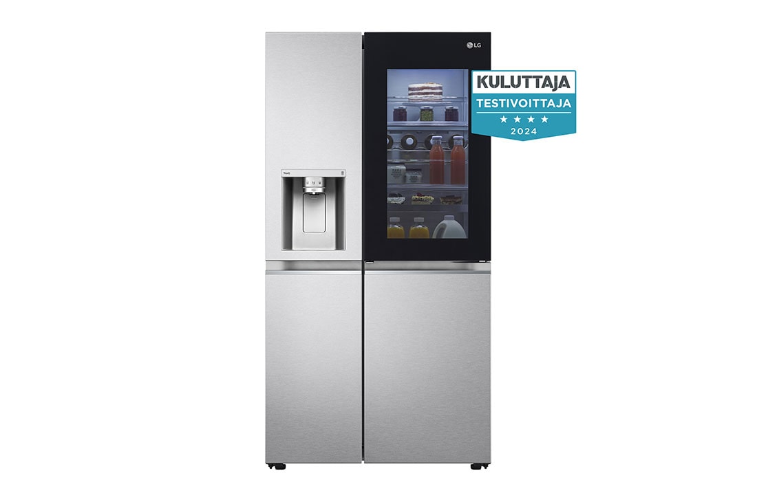 LG 635L InstaView Door in Door™ Side by Side (Metal Sorbet), Energiklasse E, Vand-/isdispenser uden vandtilkobling, Smart Diagnosis™ med Wi-Fi, front view with award logo, GSXV91MBAE