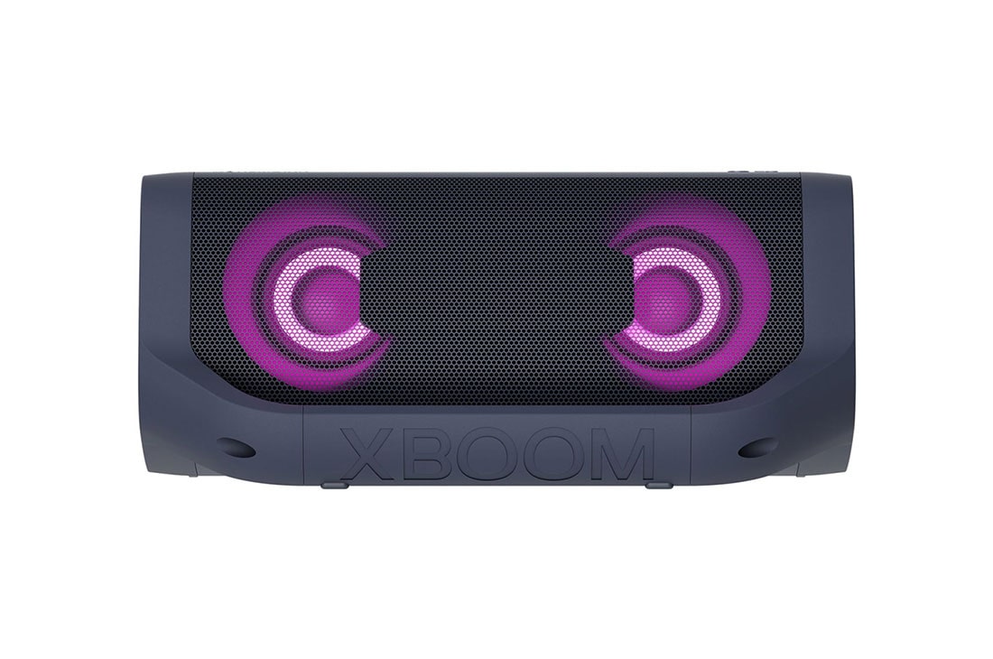 LG XBOOM Go PN5, Front view of LG XBOOM Go with purple lighting., PN5