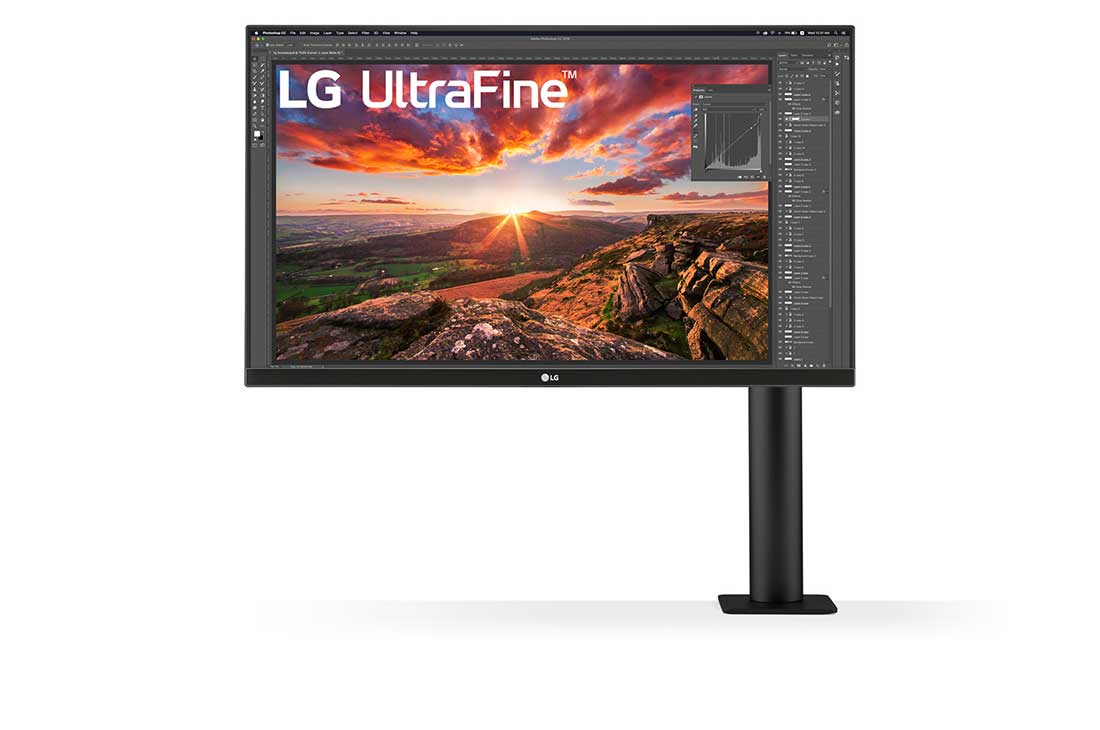 LG 27'' UHD 4K Ergo IPS-skærm med USB Type-C™, vist forfra med skærmarm til højre, 27UN880-B