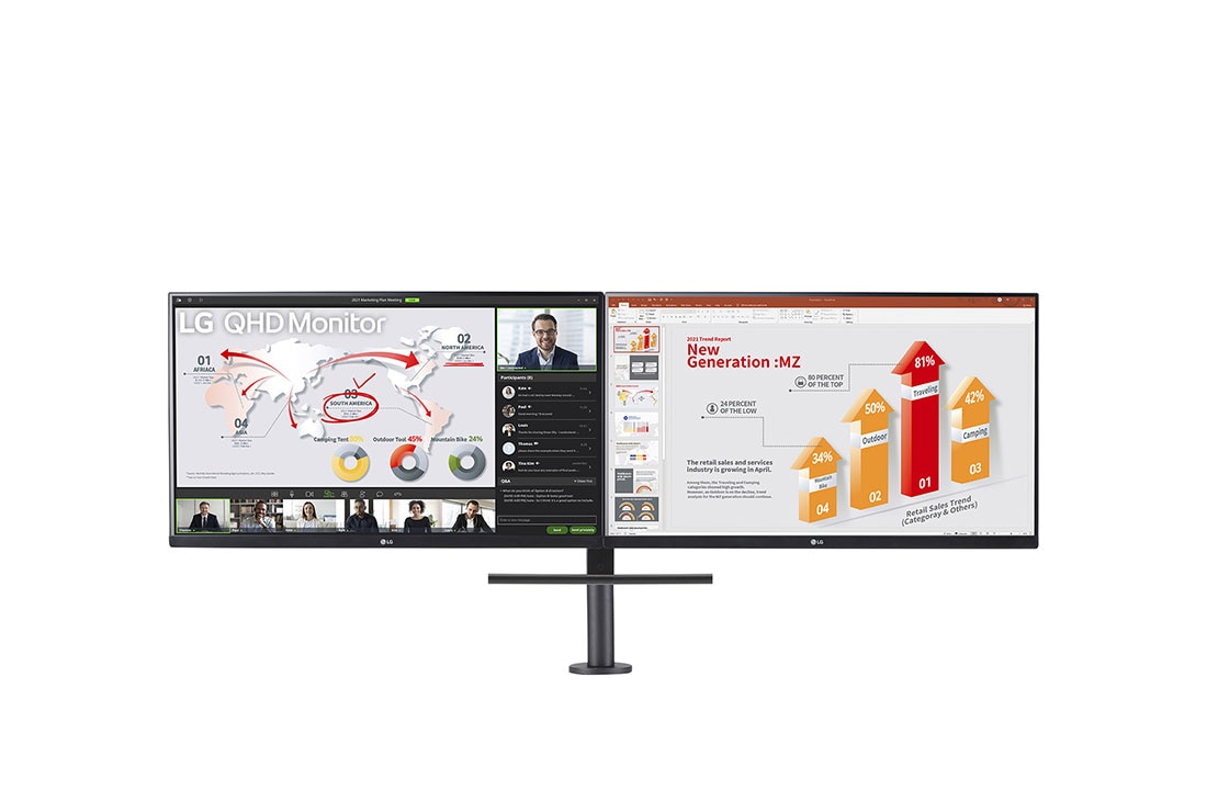 LG 27'' QHD-skærm Ergo Dual med seriel ledningsføring, Set forfra med side om side-modul, 27QP88D-B