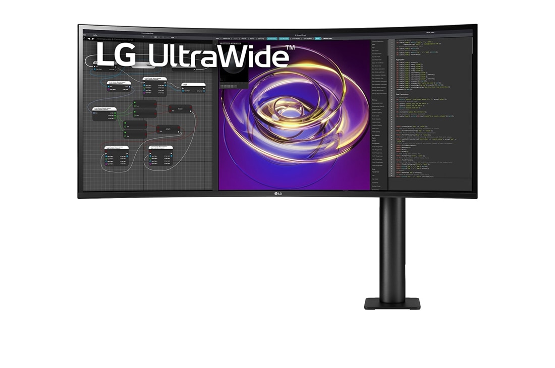 LG 34'' 21:9 buet UltraWide™ QHD (3440 x 1440) Ergo-skærm, vist forfra med skærmarm til højre, 34WP88CN-B