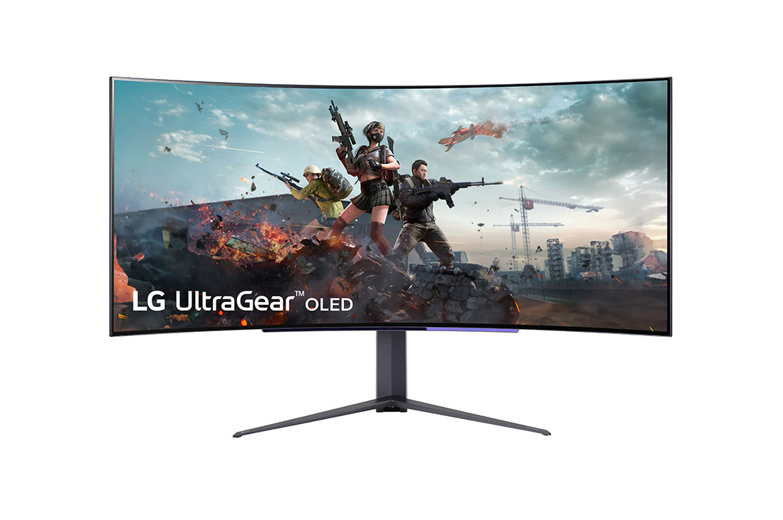 LG 45'' UltraGear™ OLED buet gamingskærm WQHD med 240 Hz opdateringshastighed og en reaktionstid på 0,03 ms (GtG), vist forfra, 45GR95QE-B