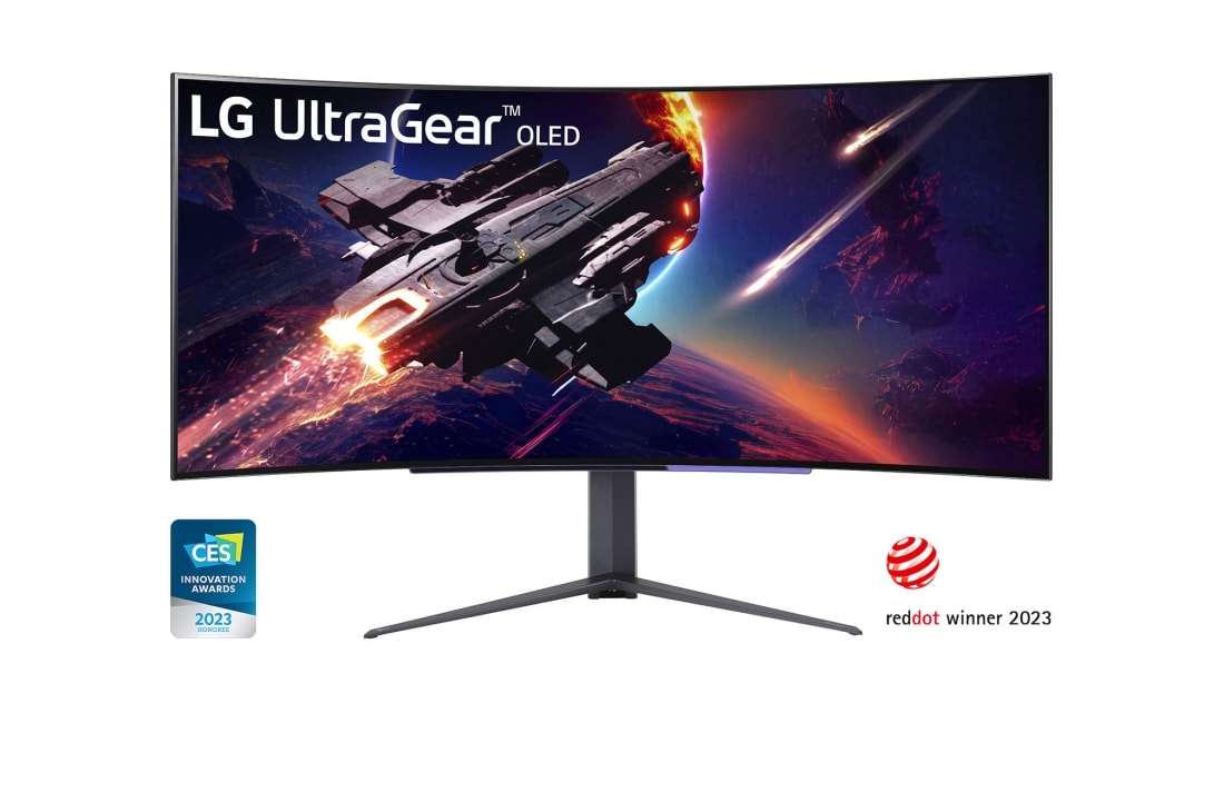 LG 45'' UltraGear™ OLED buet gamingskærm WQHD med 240 Hz opdateringshastighed og en reaktionstid på 0,03 ms (GtG), vist forfra, 45GR95QE-B