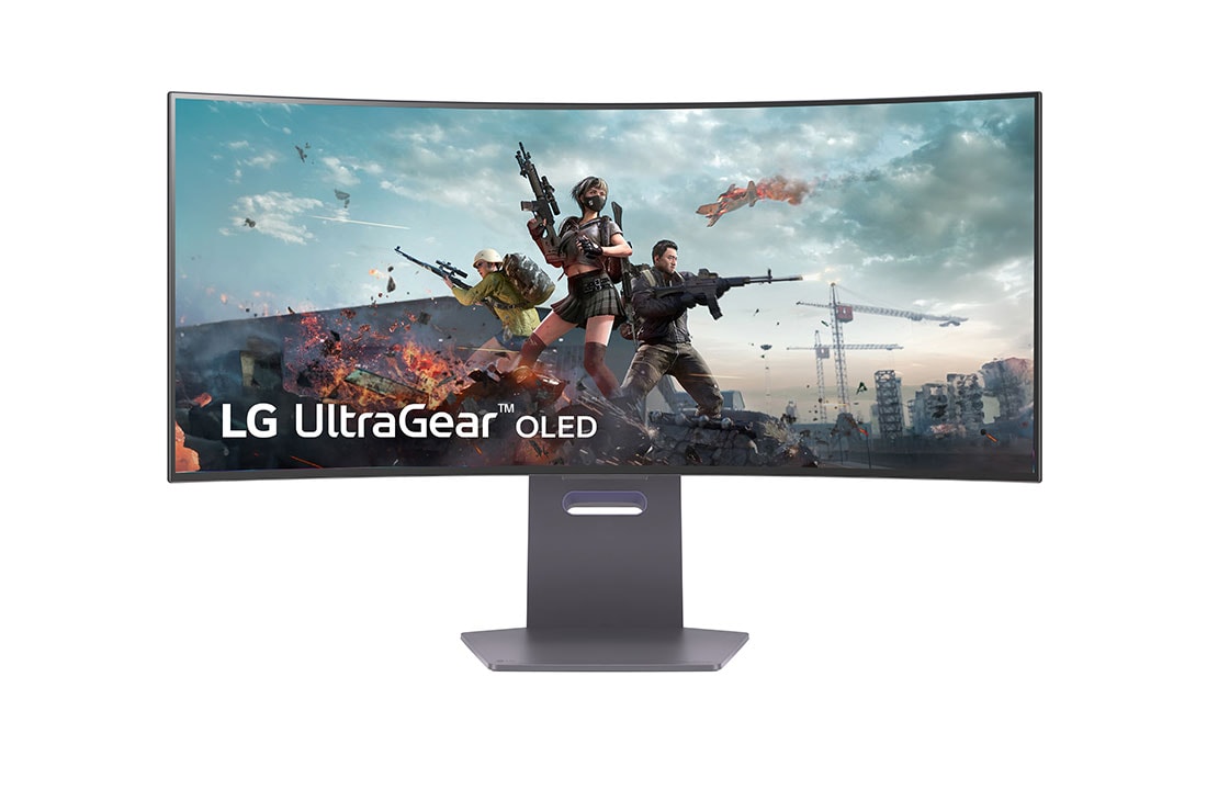 LG 34'' UltraGear™ OLED helt ny 800R kurvet gaming-skærm | 21:9 Ultra-WQHD 240 Hz, 0.03ms (GtG), DisplayHDR True Black 400, vist forfra, 34GS95QE-B