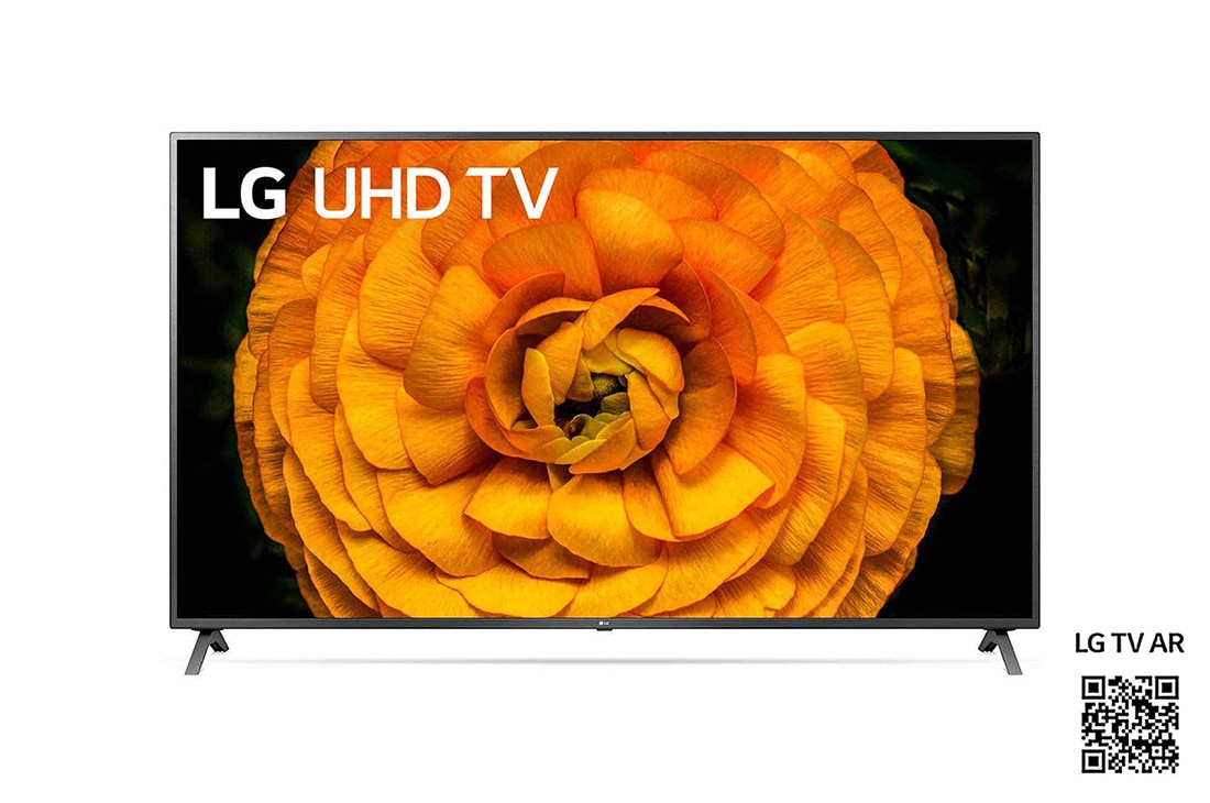 LG UN85 82 inch 4K Smart UHD TV, set forfra med indlejret billede, 82UN85006LA