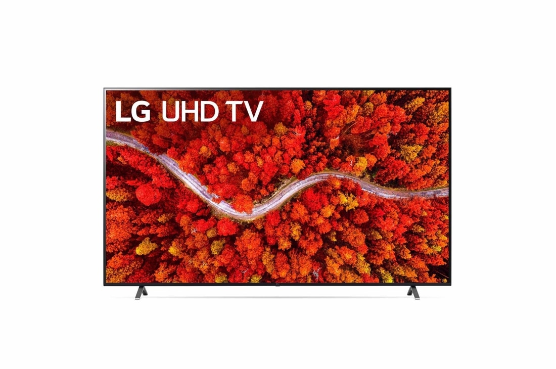 LG UP80 75'' 4K Smart UHD TV, vist forfra med infill-billede, 75UP80006LA