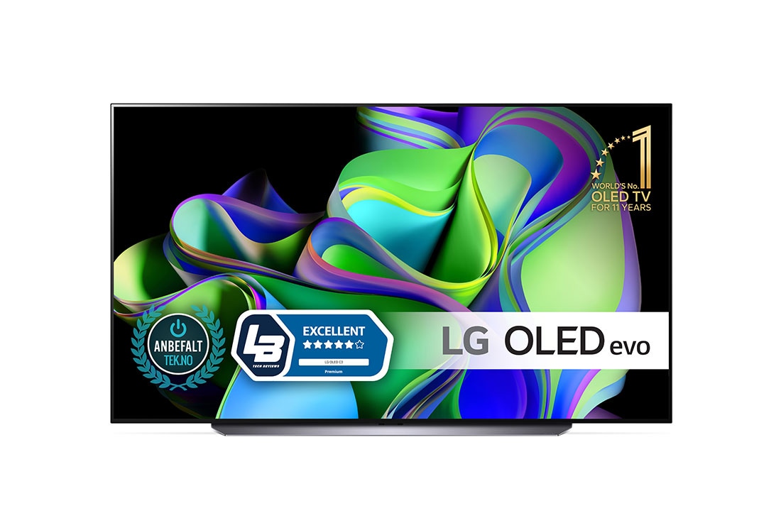 LG 83'' OLED evo C3 - 4K TV (2023), Billede forfra med LG OLED evo og 11 Years World No.1 OLED-emblem på skærmen samt soundbaren nedenunder. , OLED83C34LA