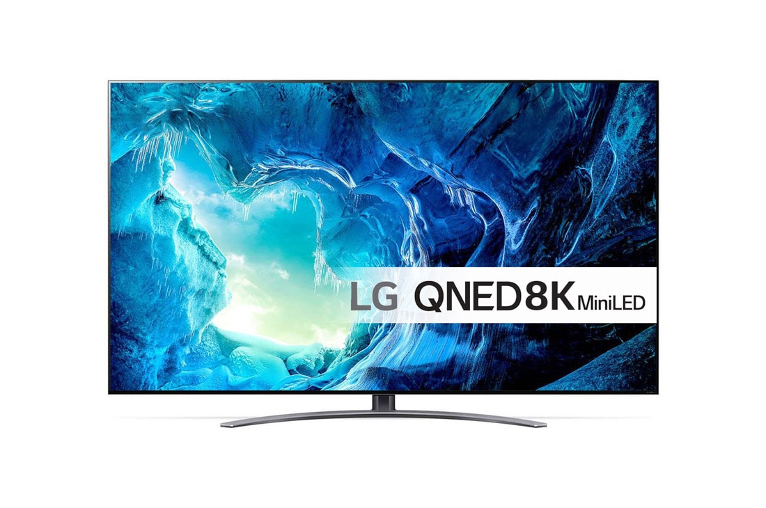 LG 65'' QNED 96 - 8K QNED Mini LED Smart TV - 65QNED966QA, Et LG QNED TV vist forfra med udfyldningsbillede og produktlogo, 65QNED966QA