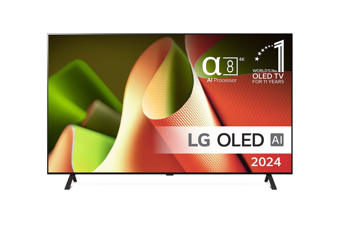 LG 77'' OLED AI B4 - 4K TV (2024), Visning forfra af LG OLED TV, OLED AI B4, emblem med 11 år som nummer 1 i verden indenfor OLED og logo for webOS Re:New Program på skærmen på et tobenet stativ, OLED77B46LA