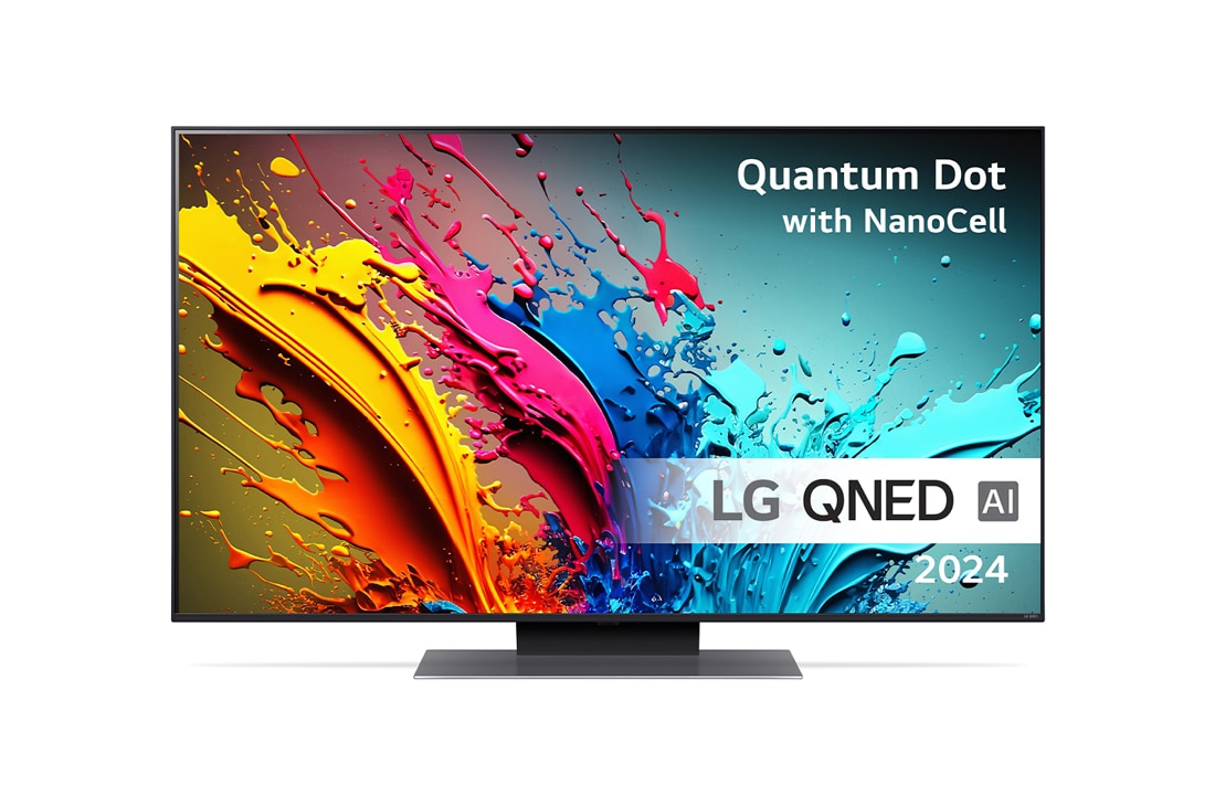 LG 50'' QNED AI 86 - 4K Smart TV (2024), LG QNED TV, QNED86 set forfra med tekst fra LG QNED, Quantum Dot med NanoCell og 2024 på skærmen, 50QNED86T6A