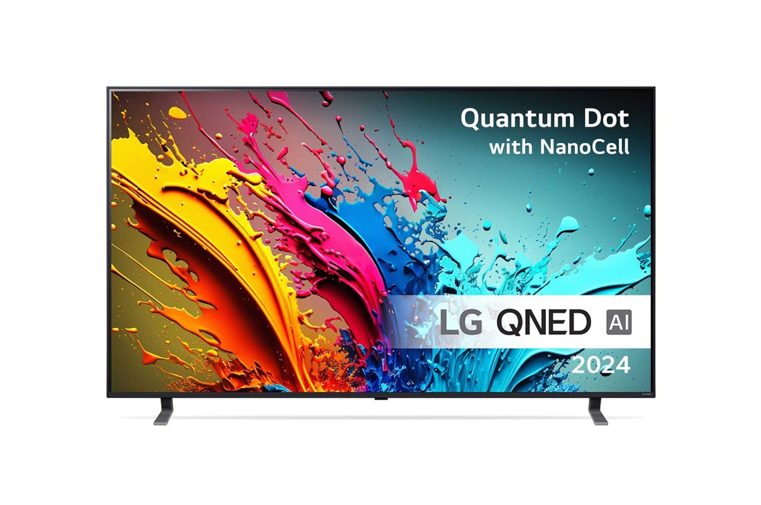 LG 86'' QNED AI 85 - 4K Smart TV (2024), LG QNED TV, QNED85 set forfra med tekst fra LG QNED, Quantum Dot med NanoCell og 2024 på skærmen, 86QNED85T6C