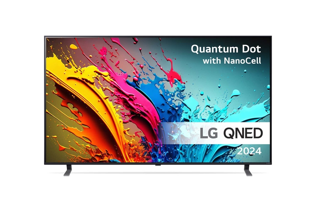 LG 86'' QNED 85 - 4K Smart TV (2024), LG QNED TV, QNED85 set forfra med tekst fra LG QNED, Quantum Dot med NanoCell og 2024 på skærmen, 86QNED85T6C