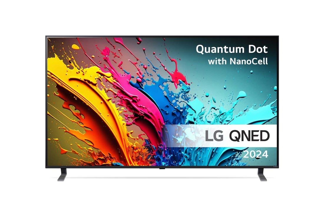 LG 55'' QNED 85 - 4K Smart TV (2024), LG QNED TV, QNED85 set forfra med tekst fra LG QNED, Quantum Dot med NanoCell og 2024 på skærmen, 55QNED85T6C