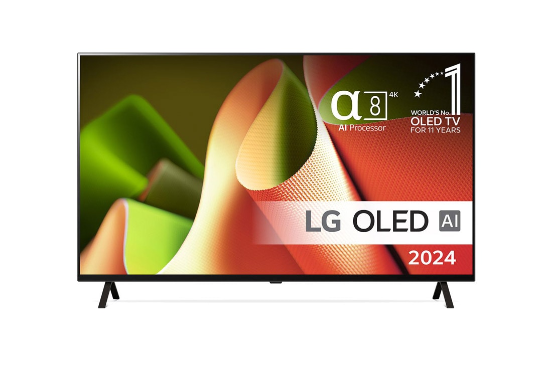LG 65'' OLED AI B4 - 4K TV (2024), Visning forfra af LG OLED TV, OLED AI B4, emblem med 11 år som nummer 1 i verden indenfor OLED og logo for webOS Re:New Program på skærmen på et tobenet stativ, OLED65B46LA