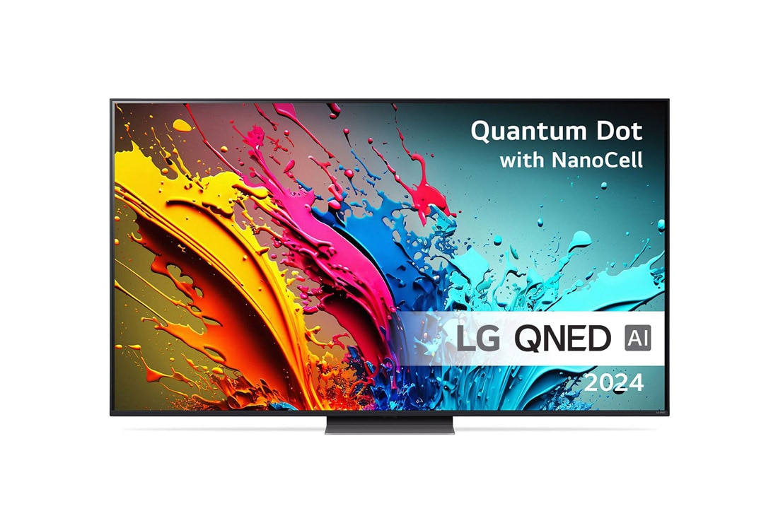 LG 75'' QNED AI 87 - 4K Smart TV (2024), LG QNED TV, QNED87 set forfra med tekst fra LG QNED, Quantum Dot med NanoCell og 2024 på skærmen, 75QNED87T6B